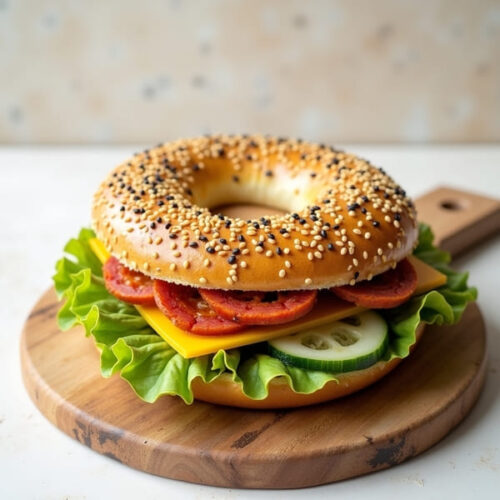 Bajgiel z chorizo, serem i sosem Sriracha mayo