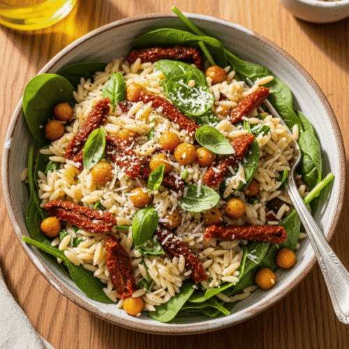 Makaron orzo z ciecierzycą i suszonymi pomidorami